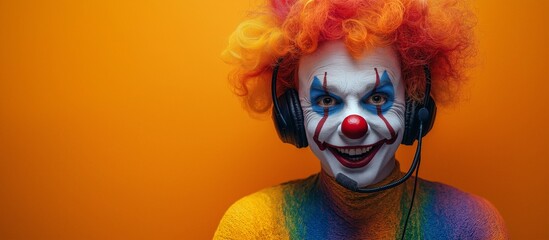 An AI agent customer service representative in a call center dressed as a funny clown sales assistant rep, symbolizing communication and online associate support