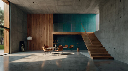 Two story minimalist interior design of modern house generative ai wood concrete design wood design concrete architecture wall floor modern