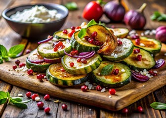 Fototapeta premium Delicious Fried Courgettes with Red Onion, Chili & Ricotta - Stock Photo