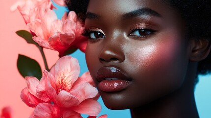 Fototapeta premium Beautiful Woman with Pink Flowers Close Up Portrait