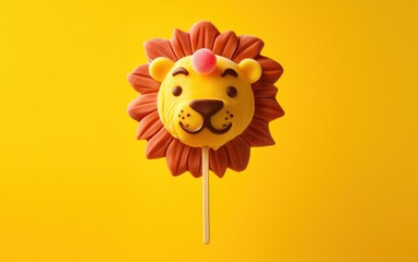 A mango ice cream pop in the form of a lionâ???s face, with a chocolate mane and candy details, floating mid-air on a bright yellow background