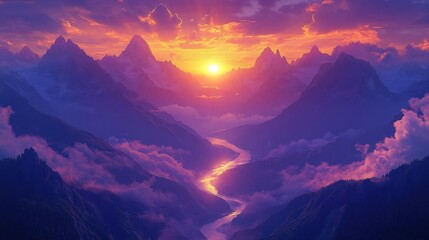 Majestic Sunset Over Purple Mountains and Serene Valley