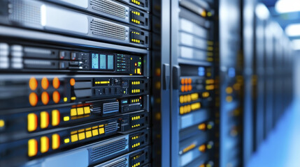 High tech server room with illuminated racks and data storage equipment