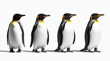 Fototapeta premium Group of Four Cartoon Penguins Stand in a Row Against a Clean White Background Showcasing Their Iconic Black and White Plumage with Bright Orange Accents