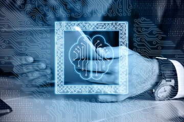 Businessman holding digital tablet with circuit board and human brain.