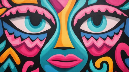 Colorful Psychedelic Mural Celebrating Cultural Artistry with Vibrant Patterns and Abstract Faces in Eye-Catching Urban Street Design