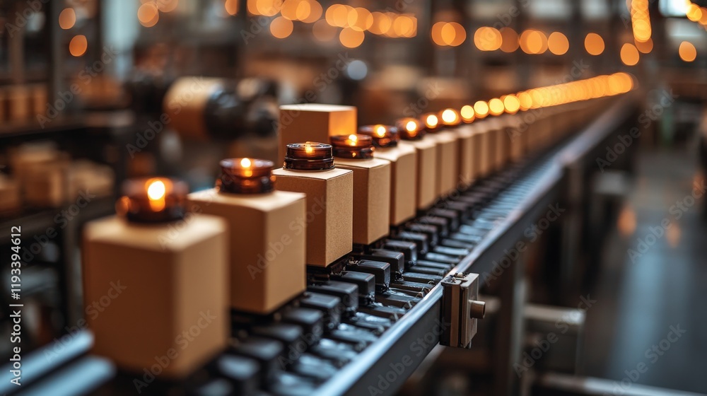 Aufkleber production line with candles on conveyor belt displaying warm glow in industrial setting with soft b