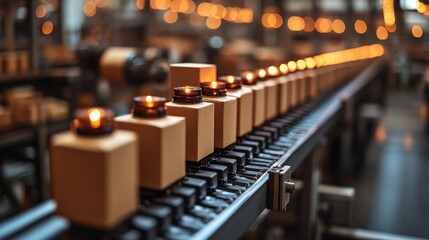 Production Line with Candles on Conveyor Belt Displaying Warm Glow in Industrial Setting with Soft Bokeh Background Creating a Cozy Atmosphere