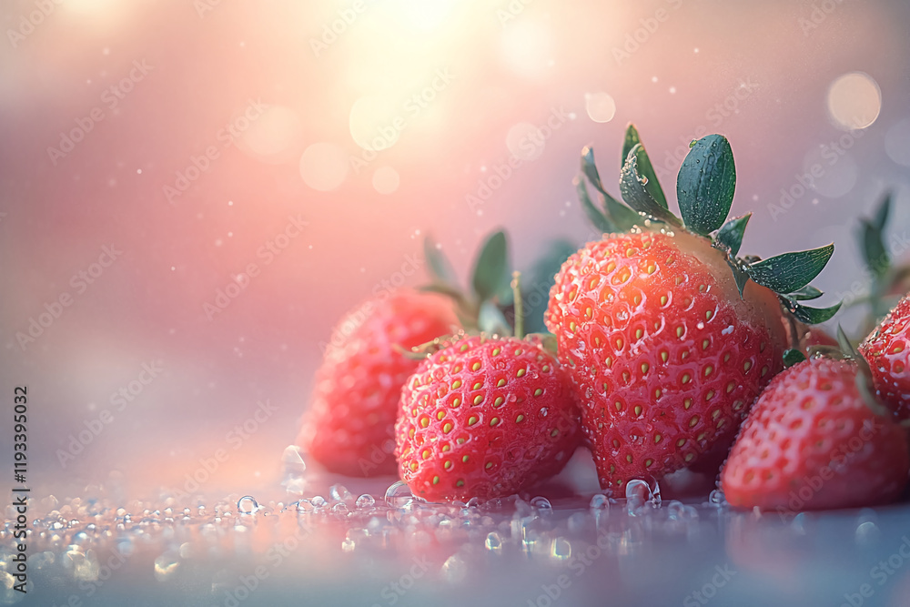 Poster Fresh strawberries with water droplets and soft bokeh background