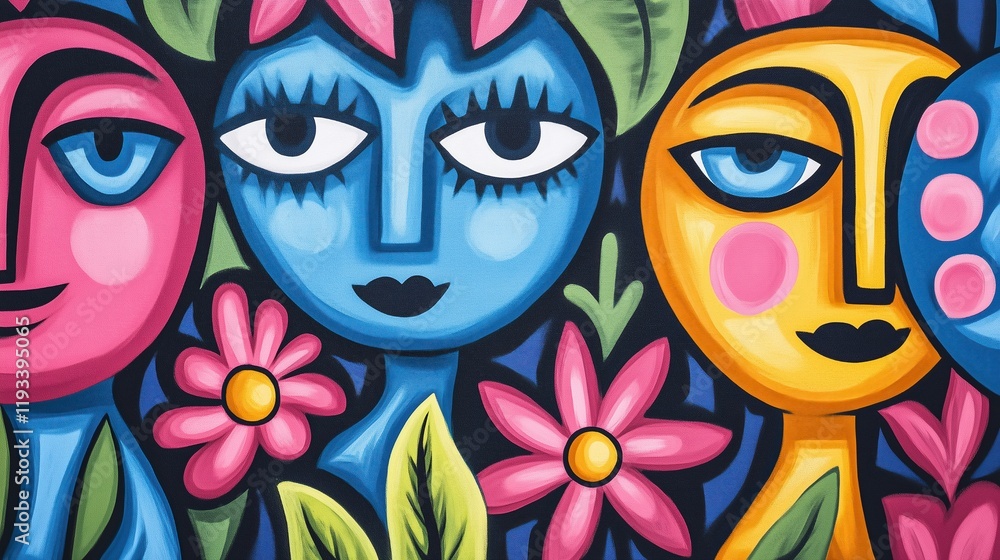 Poster psychedelic mural depicting unity with colorful faces and flowers in vibrant abstract style art for 