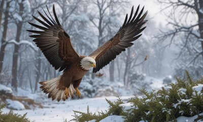 Obraz premium A swift eagle darts through the air, its talons extended to catch a struggling rabbit in the snowy underbrush , hunt, forest