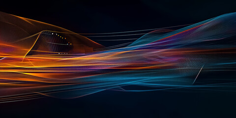 Abstract representation of innovation and technology, vibrant mesh of network lines and glowing nodes, multi-colored spectrum transitioning from blue to orange, energetic and modern style.
Abstract 

