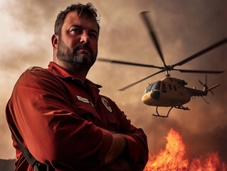 A firefighter and an elicopter in front of a wildfire