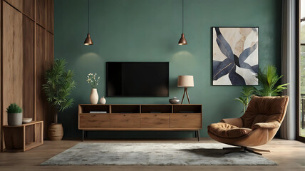 TV and cabinet in modern living room with decoration on pinecone color wall background