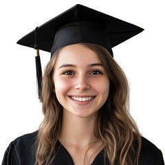 Radiant Graduate: A young woman with a bright smile beams, wearing a graduation cap and gown, radiating joy and accomplishment.  