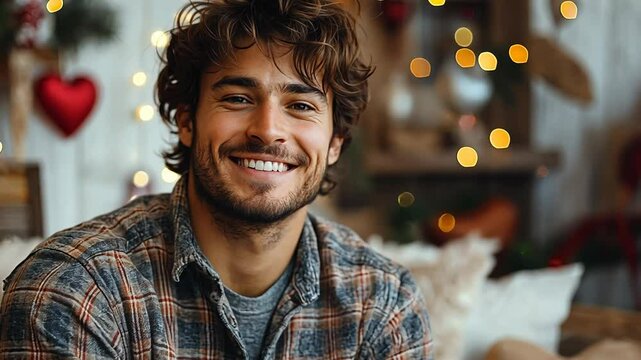 A happy man smiles at the camera in a cozy, romantically decorated room.