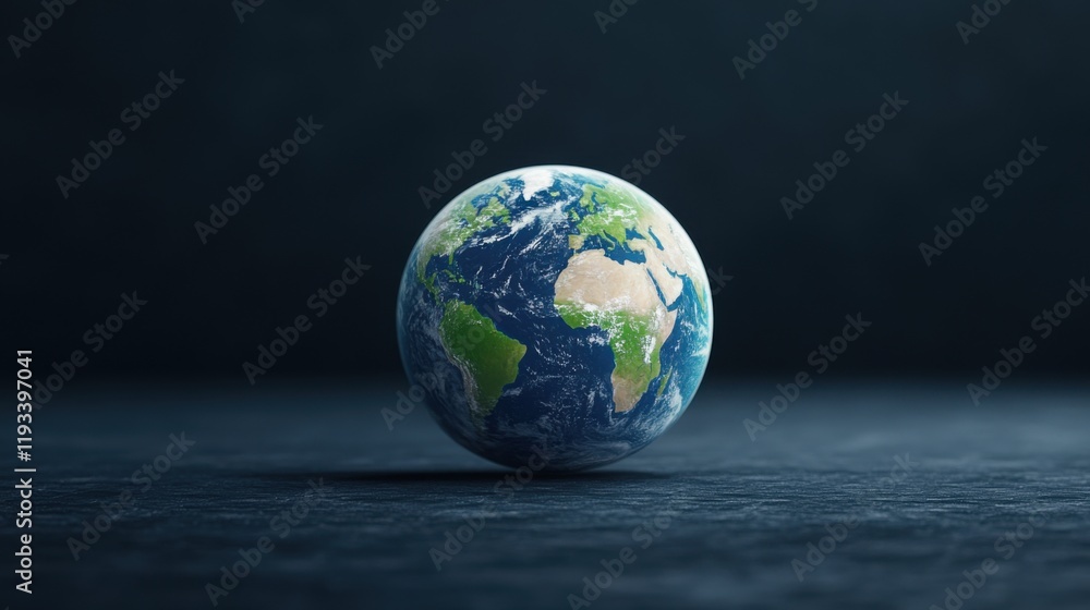 Poster realistic earth globe displaying continents and oceans on dark background in a studio setting