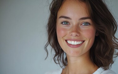 Naklejka premium A confident smile with sparkling teeth and perfectly shaped lips on a clean gray background