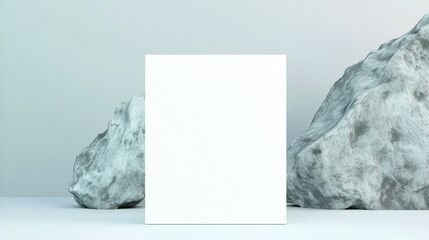Minimalist mockup with a white marble card standing against a textured stone on a soft pastel background, ideas for branding, product presentations, and modern design concepts