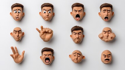 Clay Face Expressions: A diverse collection of expressive clay faces showcasing a range of human emotions, from surprise and anger to sadness and joy. Perfect for animation, design.