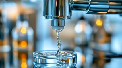 Water Purity Test, Close-Up of Lab Faucet Dispensing Water into Petri Dish, Science Background