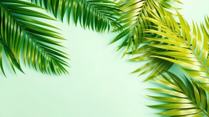 Obraz premium Vibrant Green Palm Fronds Arranged on a Light Aqua Background, Ideal for Summer Designs and Tropical Themed Projects