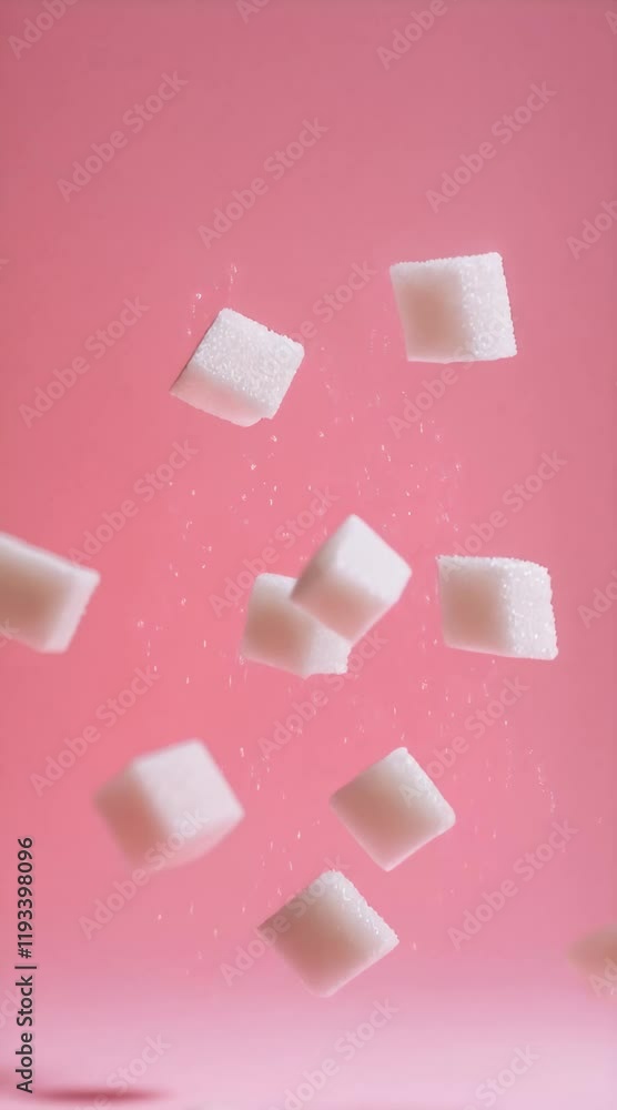 Poster white sugar cubes are falling against a vibrant pink backdrop, creating a visually striking image th