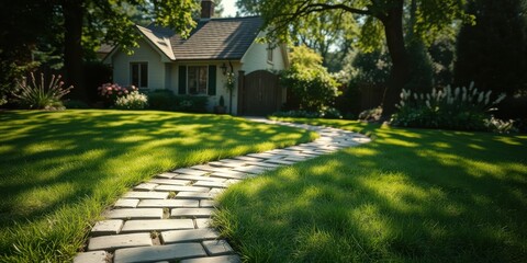 Fototapeta premium Serene Brick Path Winding Through Lush Green Lawn Towards a Quaint House