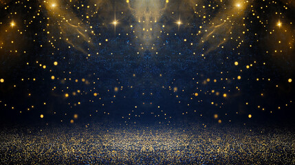 Glittering gold and blue starry backdrop with sparkling lights and shimmering floor, perfect for celebrations, festive designs, and glamorous event invitations. Empty copy space for design