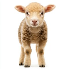 Fototapeta premium A small sheep stands upright on a clean white surface, showcasing its fluffy wool and curious demeanor, highlighting its gentle nature.