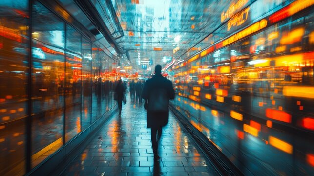 A person walking through a vibrant urban environment with colorful neon lights and reflective surfaces captured in motion blur, depicting themes of city life, movement, and modern atmosphere.