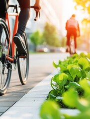 Fototapeta premium A cyclist rides along a pathway lined with greenery during sunset, showcasing an active lifestyle and the beauty of nature.