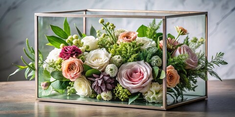 A stunning floral arrangement in a modern glass frame with clean lines and minimal ornamentation, showcasing a variety of blooms and foliage, botanical, glass, contemporary, modern