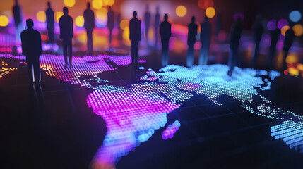 vibrant digital world map with silhouettes of people, showcasing global connectivity and technology