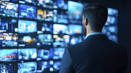 Businessman observing data analytics on multiple screens, focused and engaged