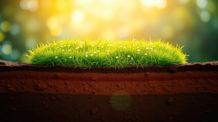 Fototapeta premium A vibrant patch of wildflowers blooming amidst lush green grass, showcasing a cross-section of soil layers rich in organic matter