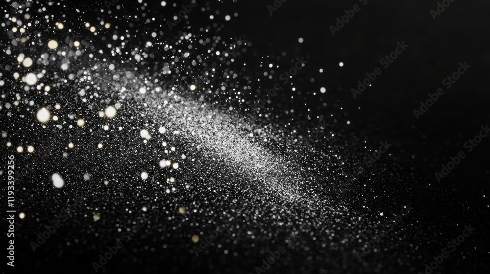 Poster a striking visual of white powder particles suspended in the air against a contrasting black backdro