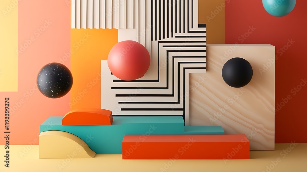 Poster abstract geometric composition featuring colorful shapes and blocks