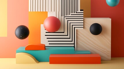 Abstract Geometric Composition Featuring Colorful Shapes and Blocks