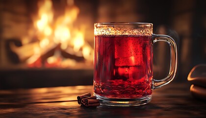 A glass mug filled with hot mulled wine sits by a burning fireplace, the flames reflecting warmly in the rich red liquid.