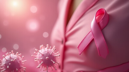 pink ribbon on blurred silhouette of woman symbolizing breast cancer awareness, support for patients and survivors.