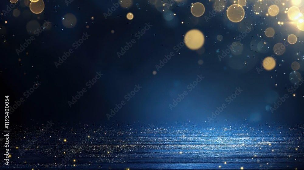 Poster a serene blue background illuminated by numerous shimmering gold lights, creating an enchanting and 
