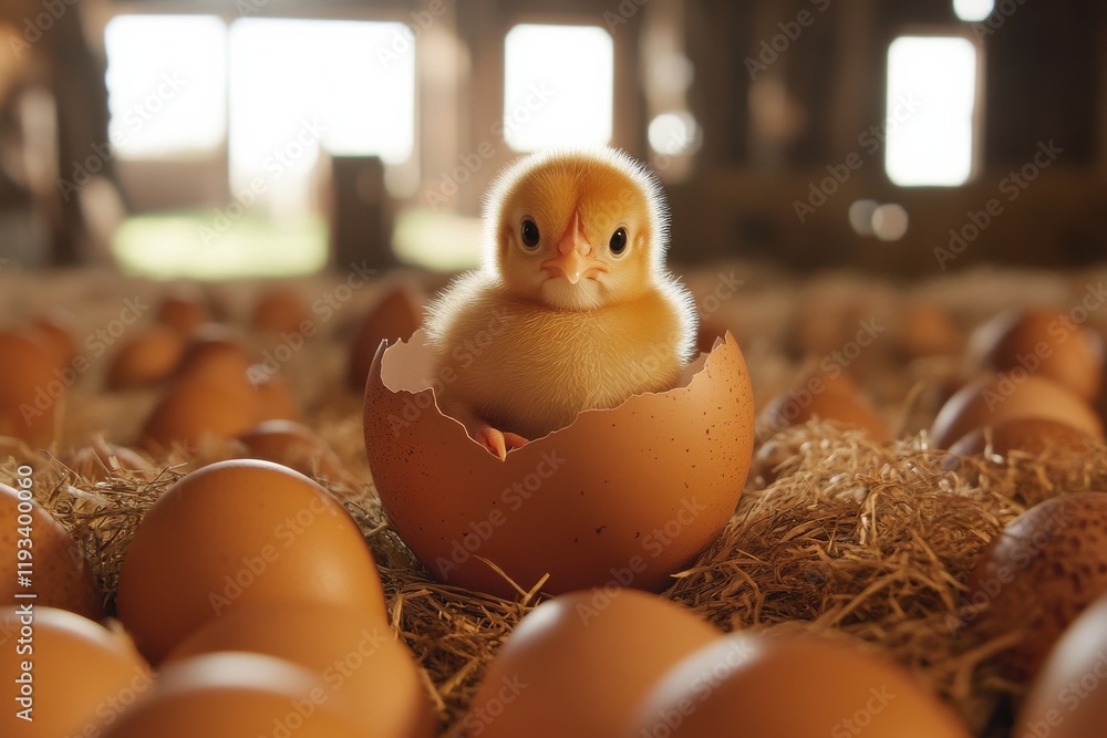 Aufkleber a fluffy chick emerging from a cracked eggshell surrounded by eggs in a rustic barn setting with sof