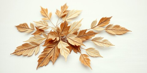 Dried autumn leaves arranged in a circular pattern on a white background