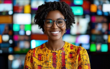 A smiling woman with curly hair wears glasses, standing in front of a colorful array of screens showcasing various media content.
