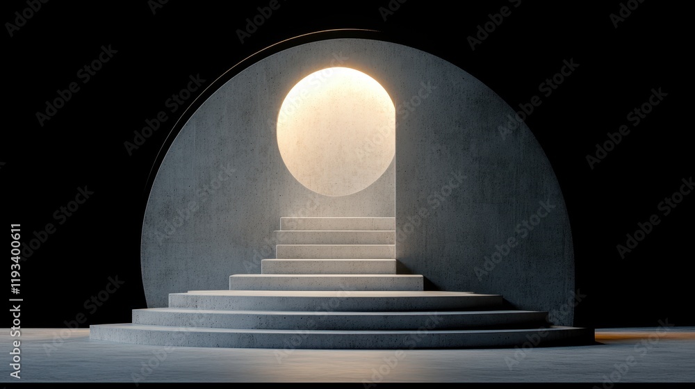 Poster a textured concrete staircase ascends toward a circular window, illuminating a dimly lit room with a