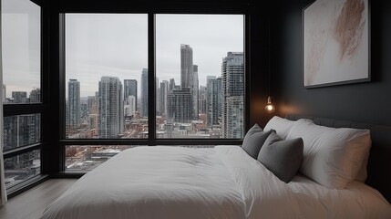 A panoramic view of a vibrant cityscape visible through a large bedroom window, showcasing urban life and architectural diversity.