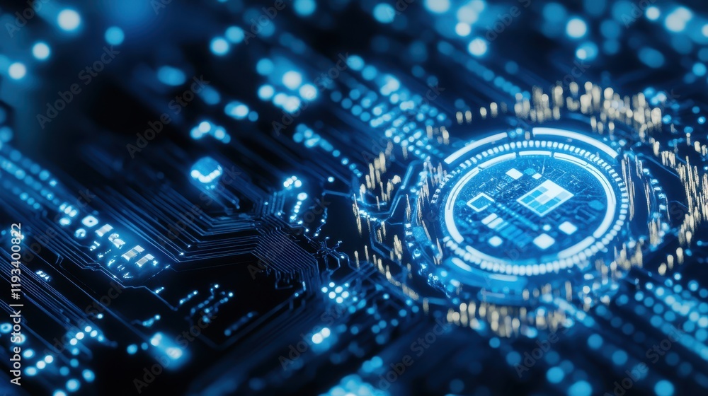 Poster a detailed close-up view of a circuit board illuminated by a vibrant blue light, showcasing intricat