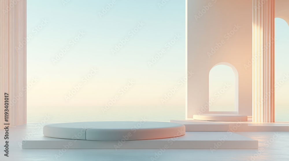 Poster a minimalist interior features a white platform in front of a large window, enhancing natural light 