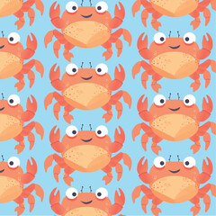 seamless pattern with cute crab vector drawing cartoon marine crab in flat style on blue background, for restaurant seafood backdrop